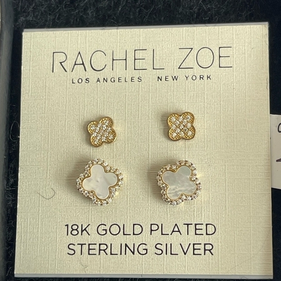 NWT Earrings RachelZoe Gold Sterling Silver Mother of Pearl Clover Stud Earrings - Picture 5 of 6